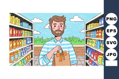 Man Packing Grocery Bag Outdoors with Colorful Shelves and N Product Image 1