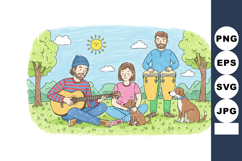 Family enjoying outdoor picnic with guitar playing and pet d Product Image 1