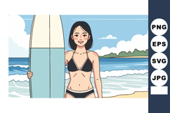 Young woman holding surfboard on beach in black bikini enjoy Product Image 1