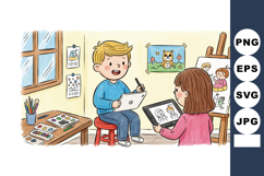 Children drawing in art classroom with easel and colorful pa Product Image 1
