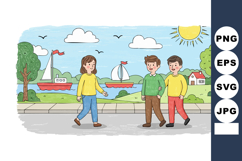 Children walking along riverbank with sailboats and sunny bl Product Image 1