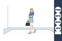 Woman in blue top and denim skirt walking confidently with h Product Image 1