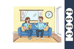 Young couple sitting on blue sofa with newborn baby in cozy Product Image 1