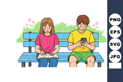 Children sitting on blue bench with book and smartphone enjo Product Image 1