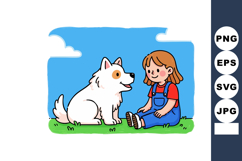 Girl sitting on grass playing with happy white dog in blue s Product Image 1