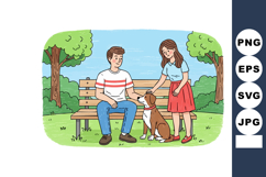 Young couple spending time together on park bench with pet d Product Image 1