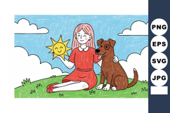 Girl sitting with happy dog on green grass holding smiling s Product Image 1