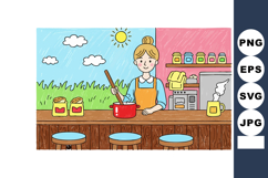 Woman cooking in colorful kitchen with sunny window and jars Product Image 1