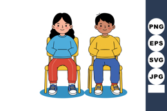 Children sitting on chairs wearing colorful sweaters and sne Product Image 1