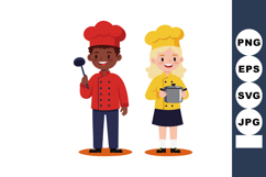 Two happy kids dressed as chefs holding kitchen utensils coo Product Image 1