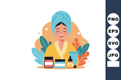 Woman with blue towel turban and yellow robe enjoying skinca Product Image 1