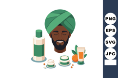 Skincare products and relaxed man with green turban for natu Product Image 1