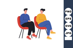 Young man and woman sitting on red chairs casual clothing re Product Image 1