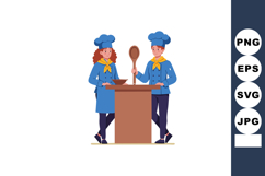 Two young cooks in blue chef uniforms preparing food with wo Product Image 1