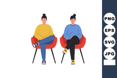 Two women sitting cross-legged on modern red chairs wearing Product Image 1