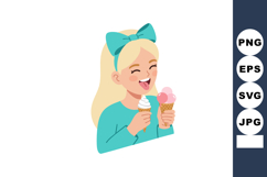 Girl with blonde hair eating two ice cream cones smiling hap Product Image 1