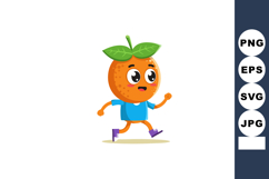 Running orange fruit character with green leaves wearing blu Product Image 1