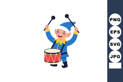 Elf character playing drum with blue hat and festive outfit Product Image 1