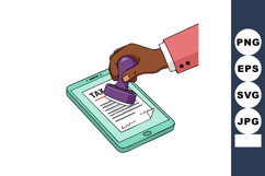 Tax document approval with smartphone and stamp in hand Product Image 1