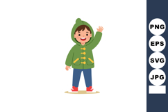 Child in green hooded jacket waving hand with smile standing Product Image 1