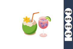 Fresh coconut drink with straw and flower alongside pink coc Product Image 1