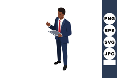 Businessman in navy blue suit with red tie holding digital t Product Image 1