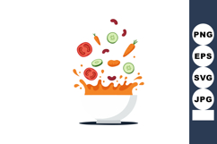 Vegetable soup ingredients flying above bowl with splash vec Product Image 1