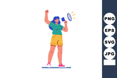 Woman protesting with megaphone and raised fist in casual su Product Image 1