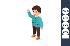 Boy waving hand smiling in blue jacket orange shoes casual o Product Image 1