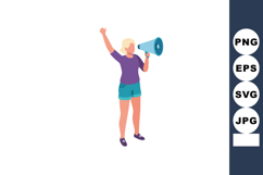 Woman with megaphone shouting and raising hand in purple shi Product Image 1