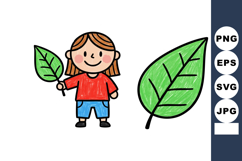 Child holding green leaf smiling cartoon style vector illust Product Image 1
