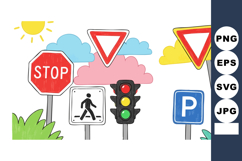 Traffic signs and signals with stop, pedestrian crossing, pa Product Image 1