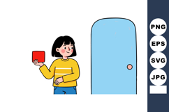 Girl holding red book standing near blue door in casual outf Product Image 1