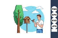 Man feeding small bird near wooden birdhouse on tree in outd Product Image 1