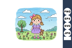 Cute little girl holding teddy bear standing among flowers i Product Image 1