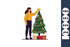 Woman decorating Christmas tree with star and gifts in winte Product Image 1