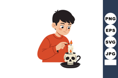 Boy lighting skull shaped candle with orange sweater in simp Product Image 1