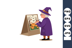 Elderly woman in witch costume painting Halloween pumpkins a Product Image 1