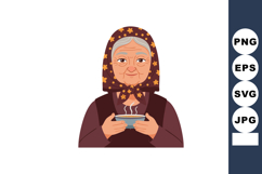 Elderly woman holding steaming cup with floral headscarf and Product Image 1