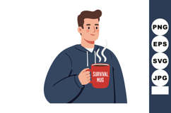 Young man holding red survival mug with steam in casual blue Product Image 1