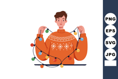 Man wearing orange sweater holding colorful Christmas lights Product Image 1