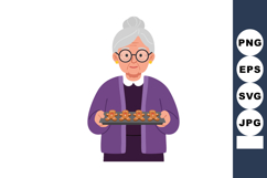 Elderly woman holding tray of gingerbread cookies in purple Product Image 1