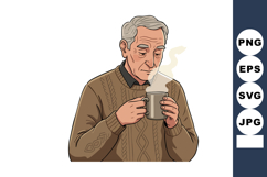 Elderly man enjoying hot drink in brown sweater vector illus Product Image 1