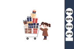 Little girl pushing shopping cart full of wrapped gifts for Product Image 1