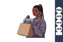 Young woman holding shopping bags and folders in casual outf Product Image 1