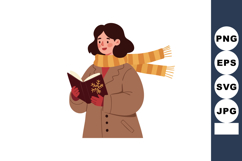 Woman in winter coat and scarf reading book with snowflake c Product Image 1