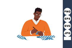 Man Writing Note with Blue and White Striped Gift Wrap and O Product Image 1