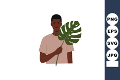Young man holding large green tropical leaf flat style vecto Product Image 1