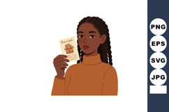 Young woman holding gingerbread house recipe card in casual Product Image 1
