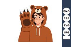 Person wearing brown bear costume hoodie with paw glove rais Product Image 1
